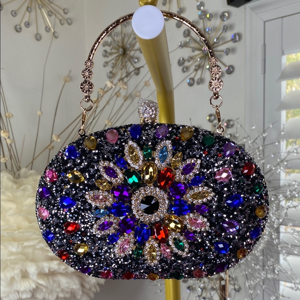 Multi-Color Crystal Embellished Black Oval Clutch with Gold Chain